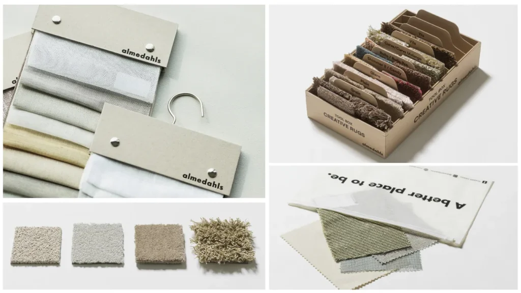 Collage of our sample options rugs and hanging fabric for partner page