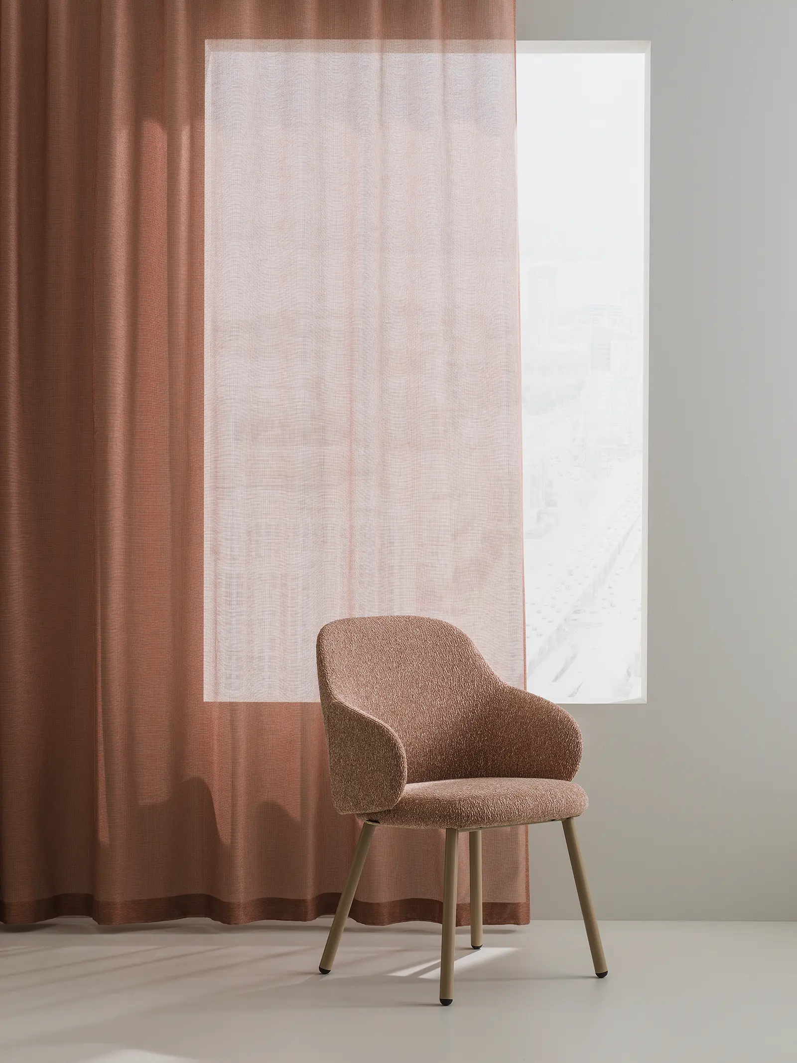 Note 101900 4 Note a sheer curtain fabric with a design chair in the front.