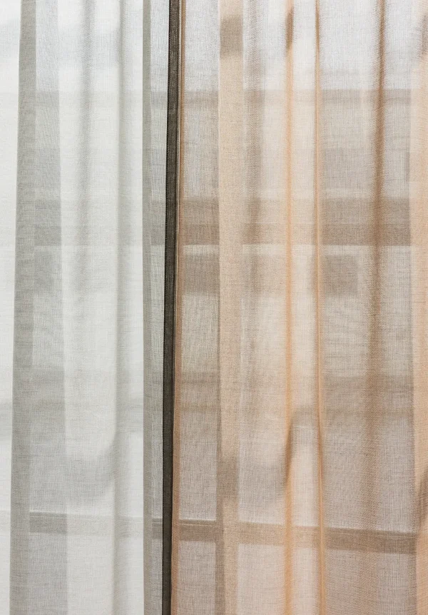 ZEN transparent hanging textile in layered neutral tones, softly filtering daylight.