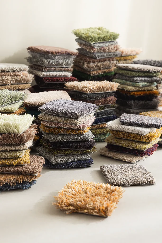 Stacks of rug samples showing the expanded Almedahls colour palette.