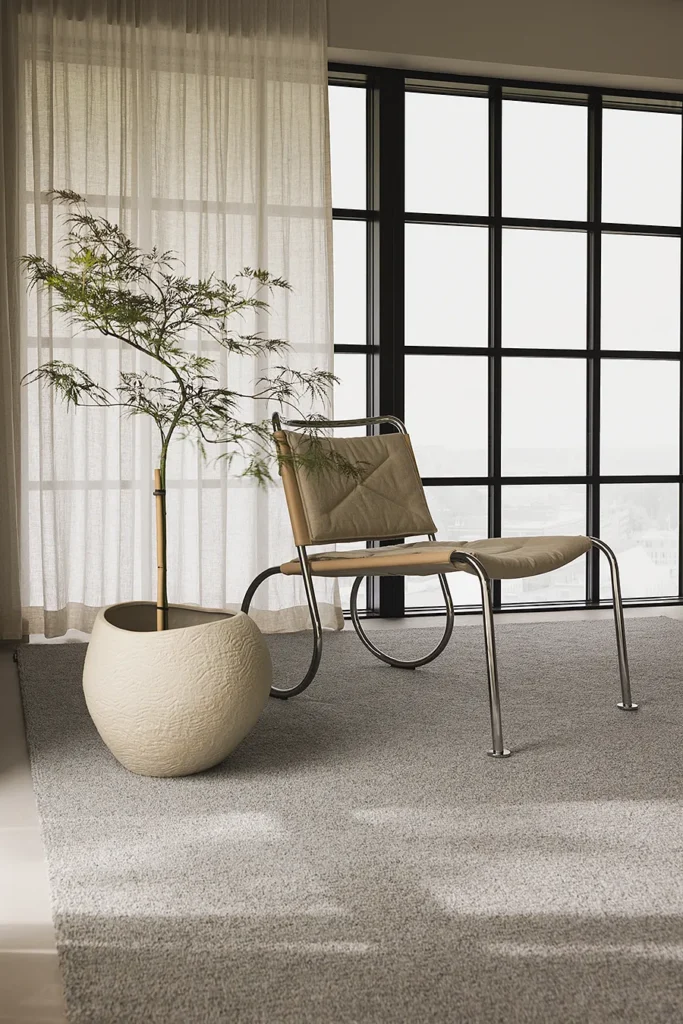 YTA loop rug in a neutral lounge interior.